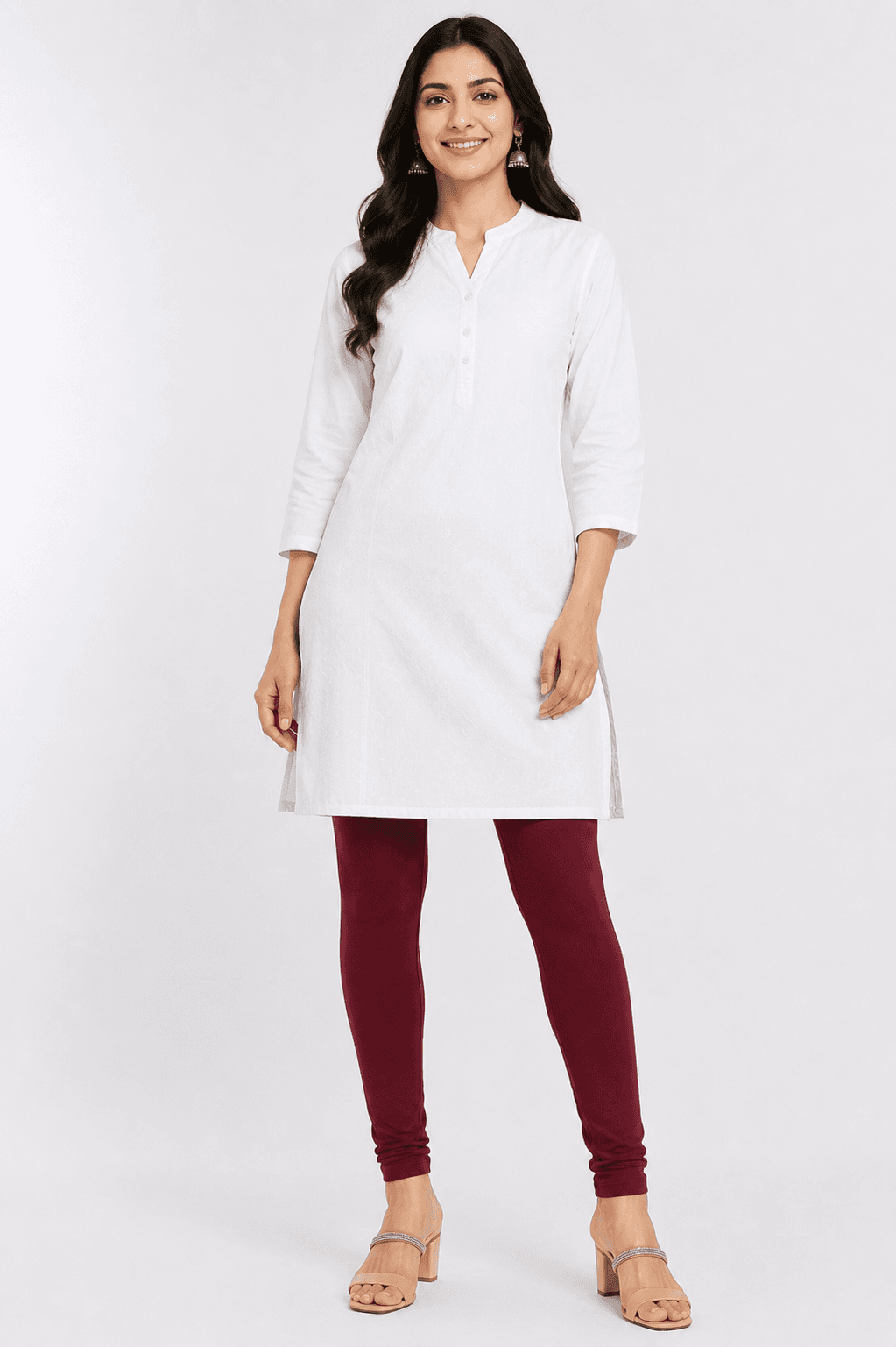 Maroon Cotton High-Waist Leggings — Model Shot