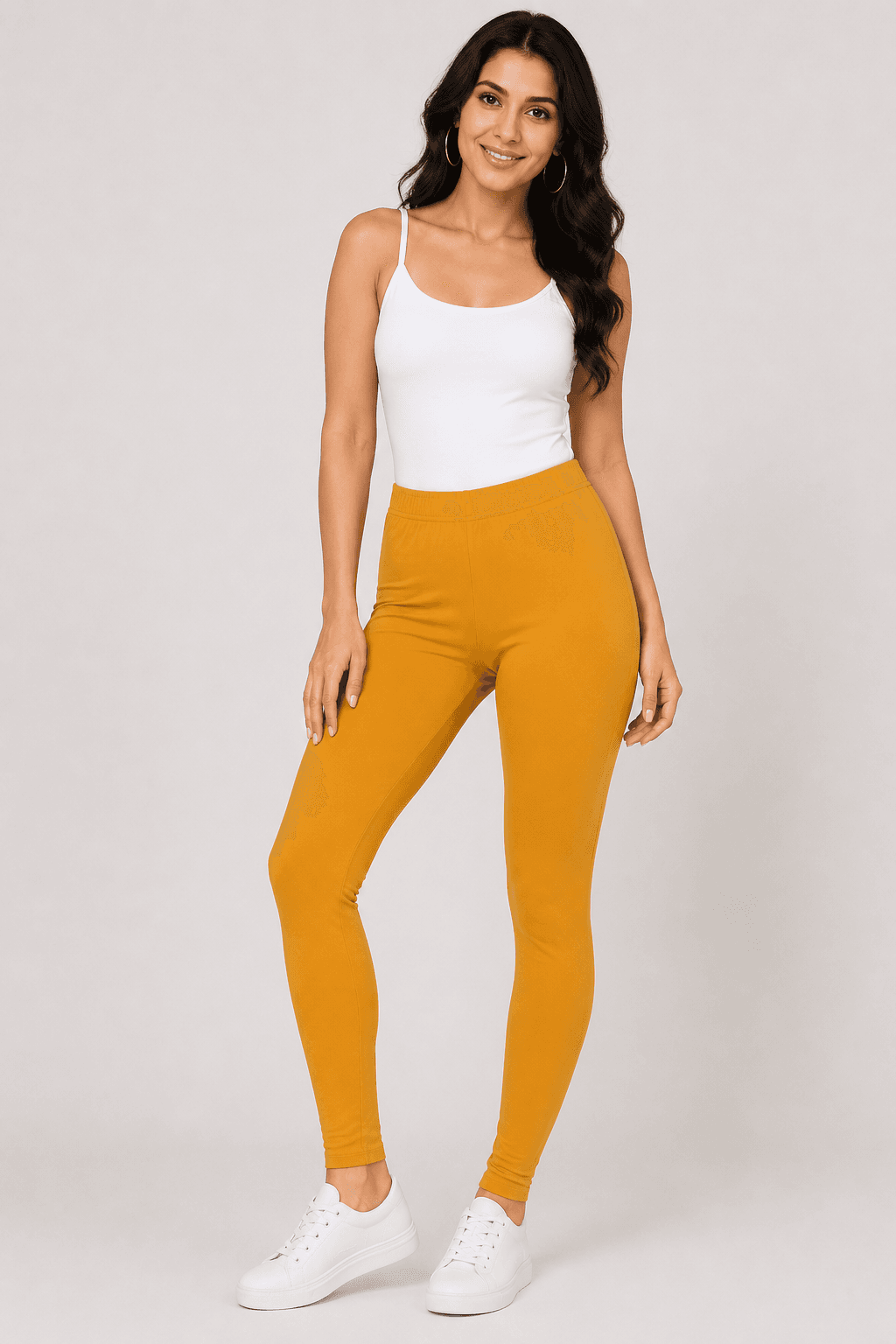Mustard Yellow Cotton High-Waist Leggings — Model Shot
