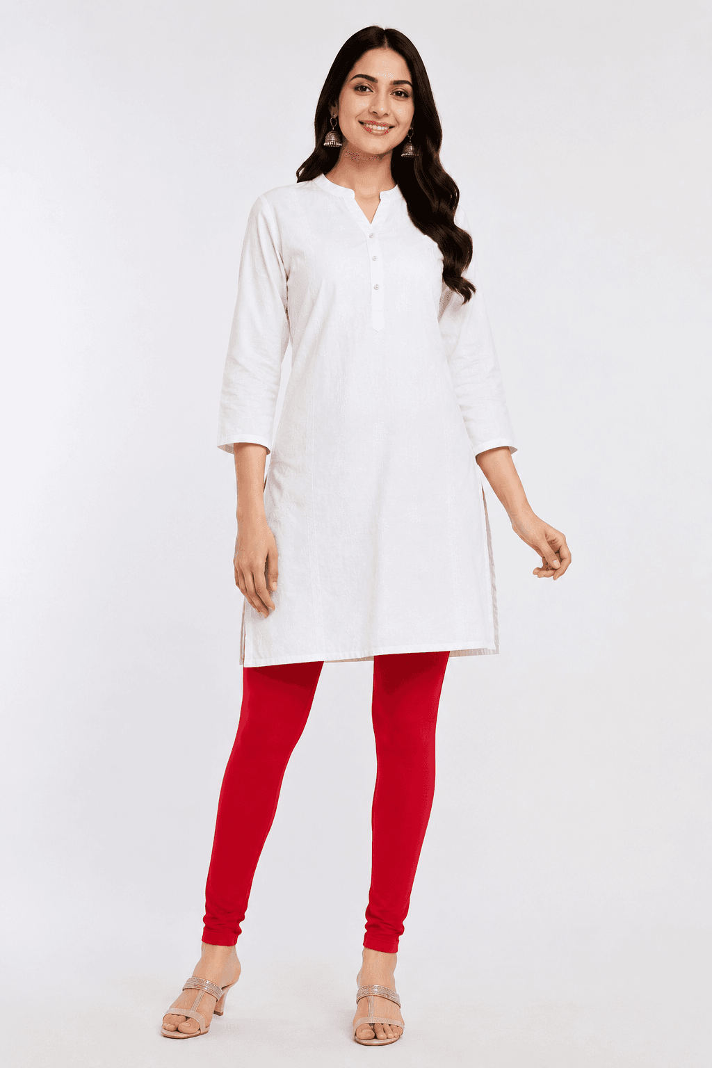Red Cotton High-Waist Leggings — Model Shot