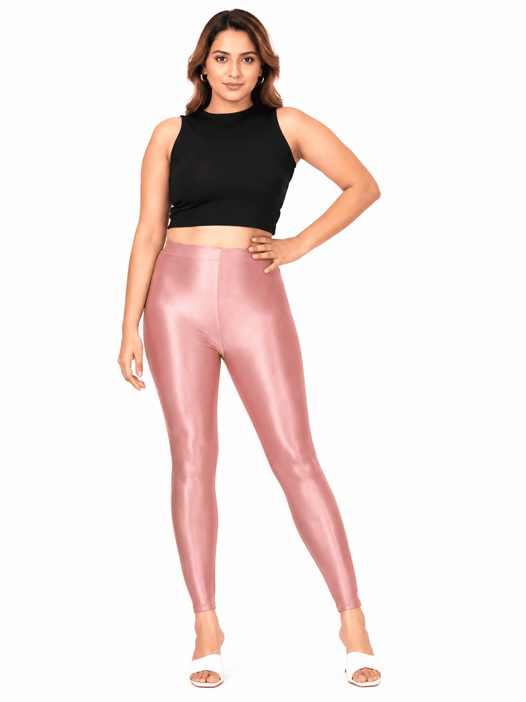 Rose Gold Shimmer High-Waist Leggings — Front View