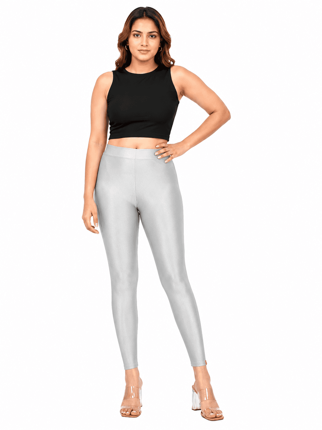 Silver Shimmer High-Waist Leggings — Front View