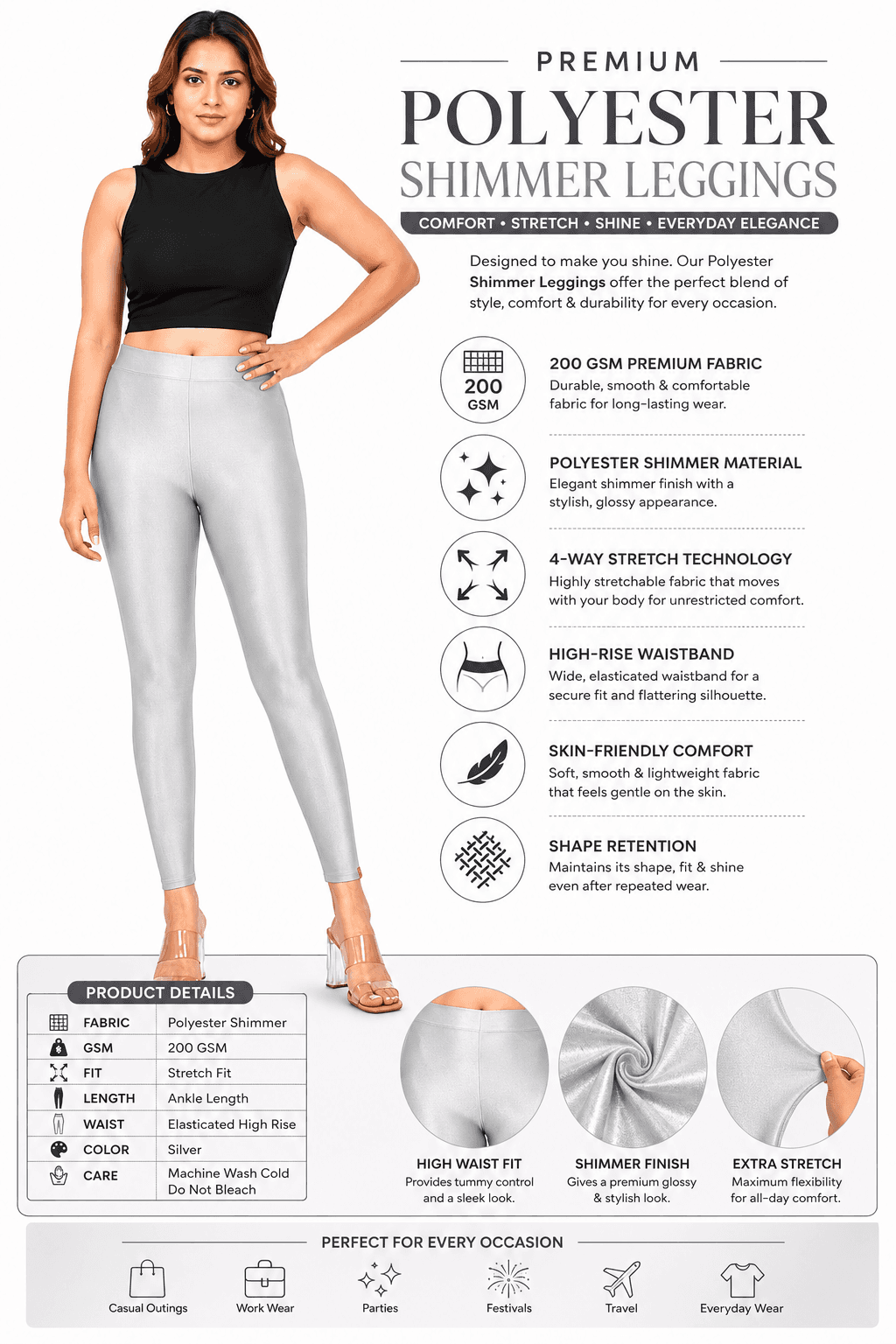 Silver Shimmer Leggings — Product Specifications