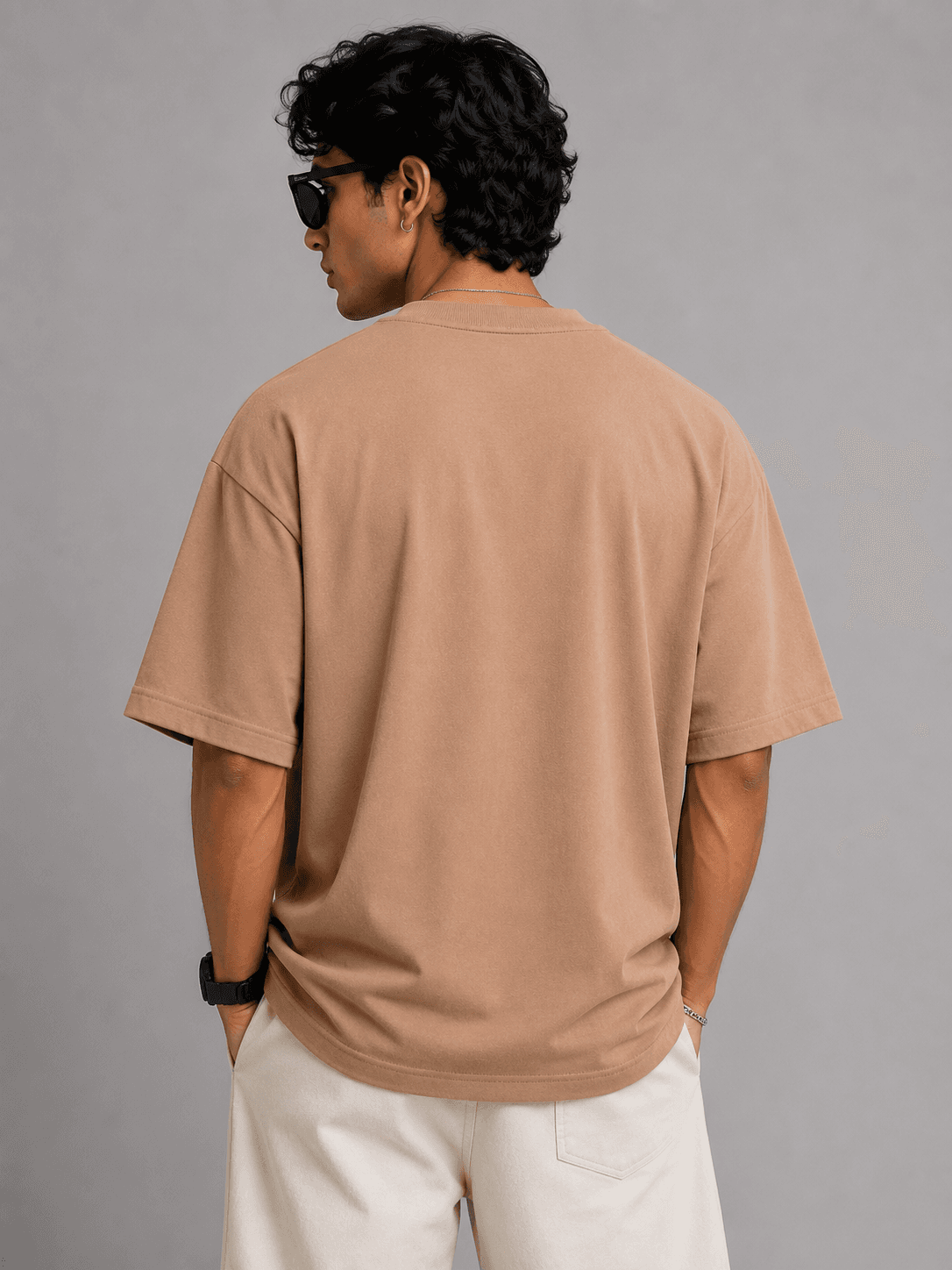 Caramel Brown Round Neck Oversized T-Shirt — Back View