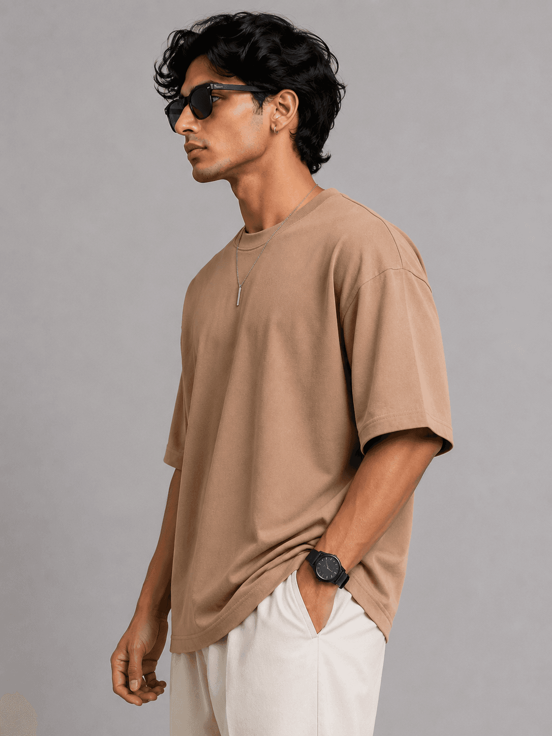 Caramel Brown Round Neck Oversized T-Shirt — Side View