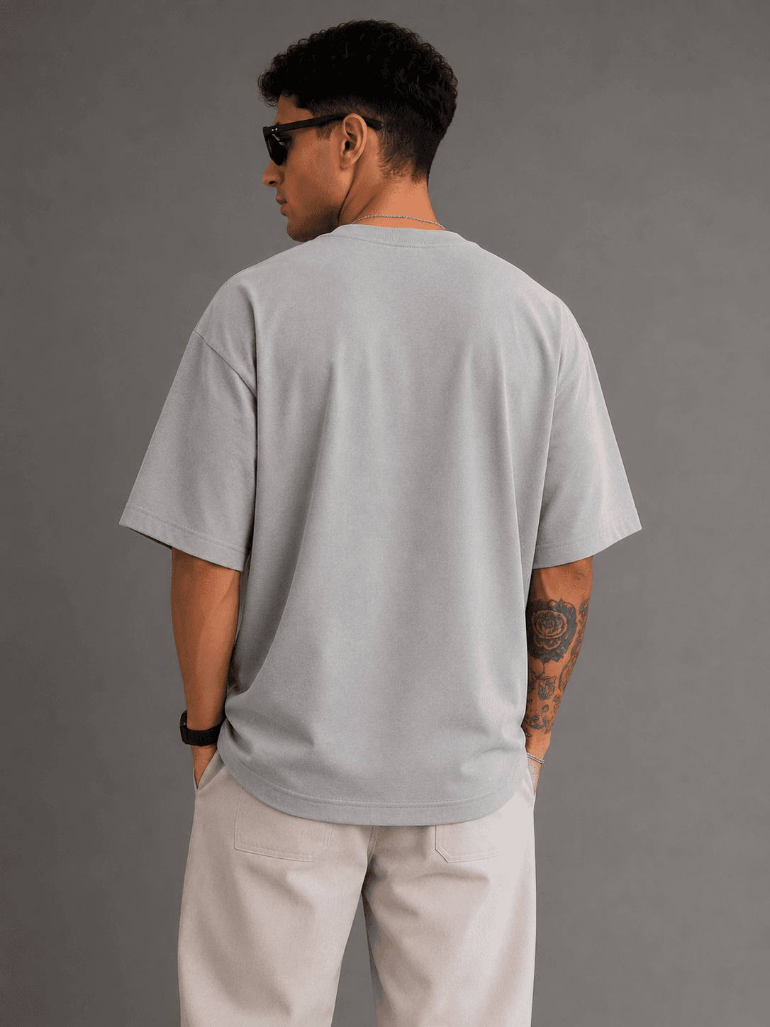 Grey Round Neck Oversized T-Shirt — Back View