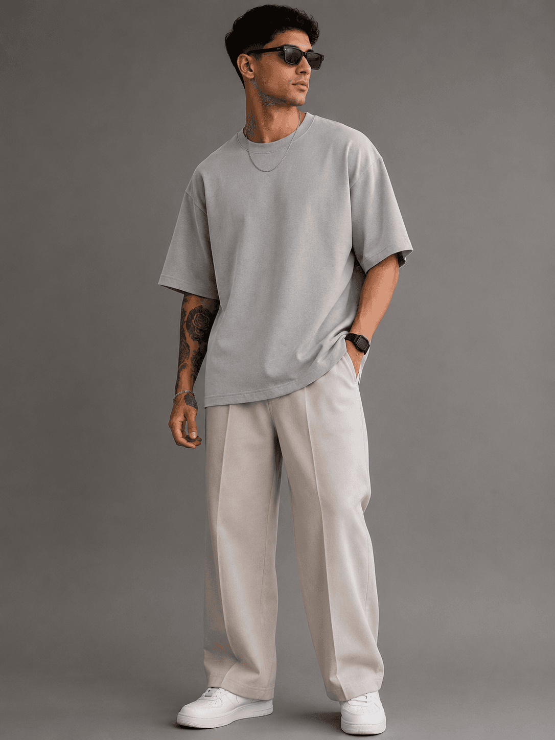 Grey Round Neck Oversized T-Shirt — Front View