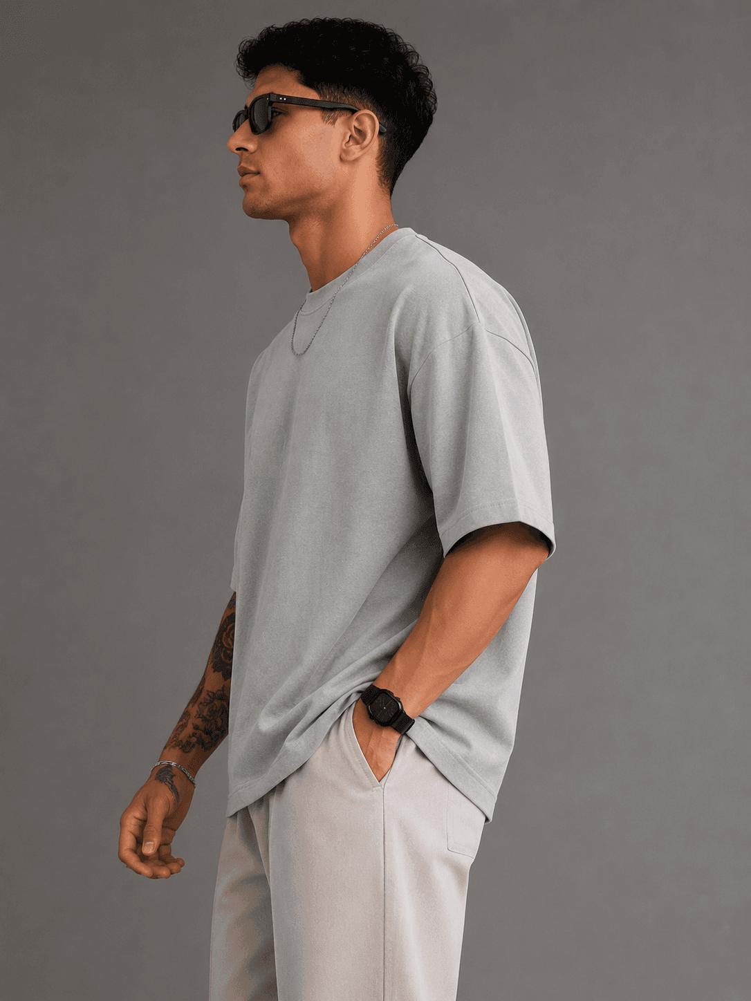 Grey Round Neck Oversized T-Shirt — Side View