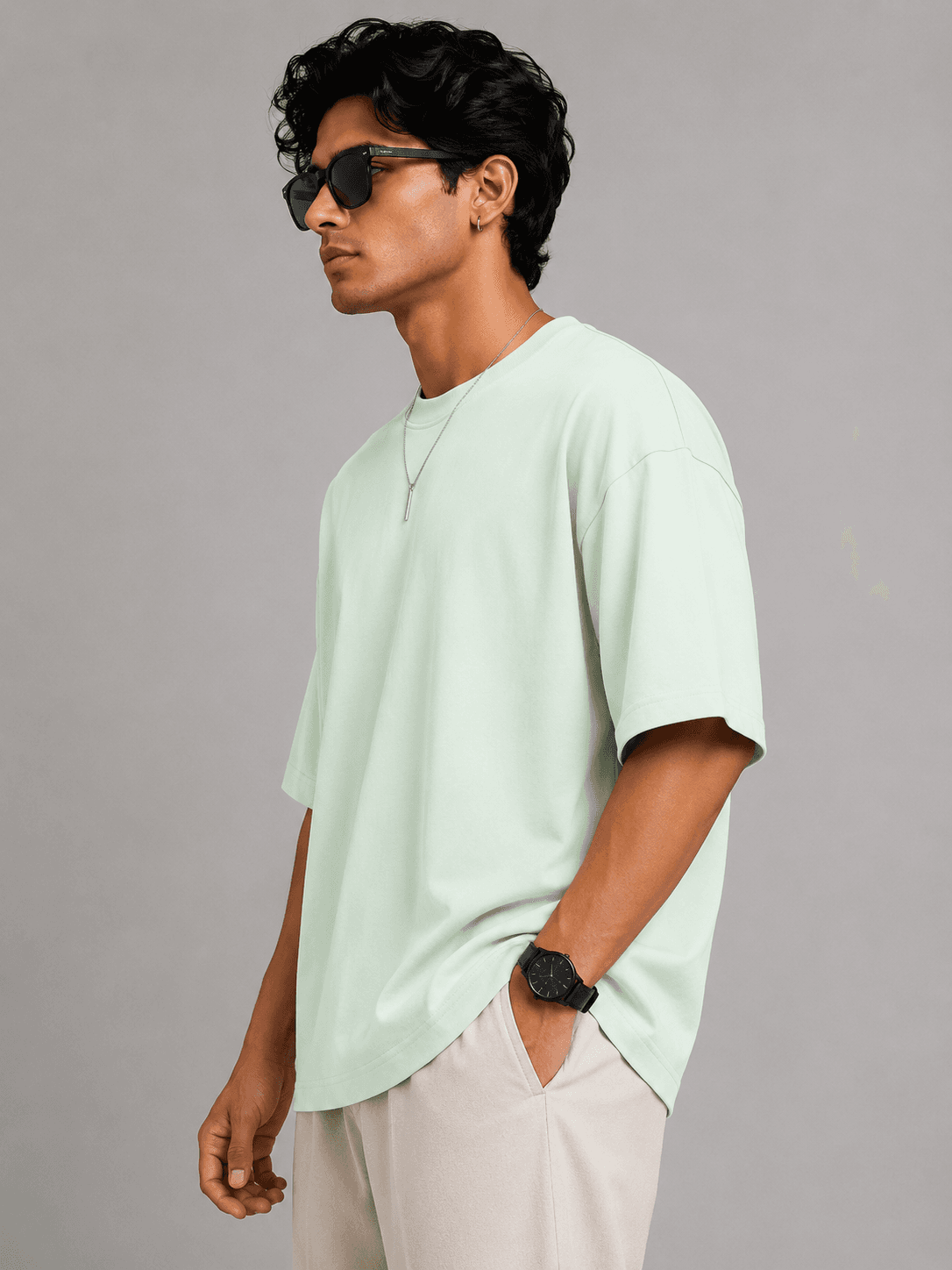 Mint Green Round Neck Oversized T-Shirt — Side View