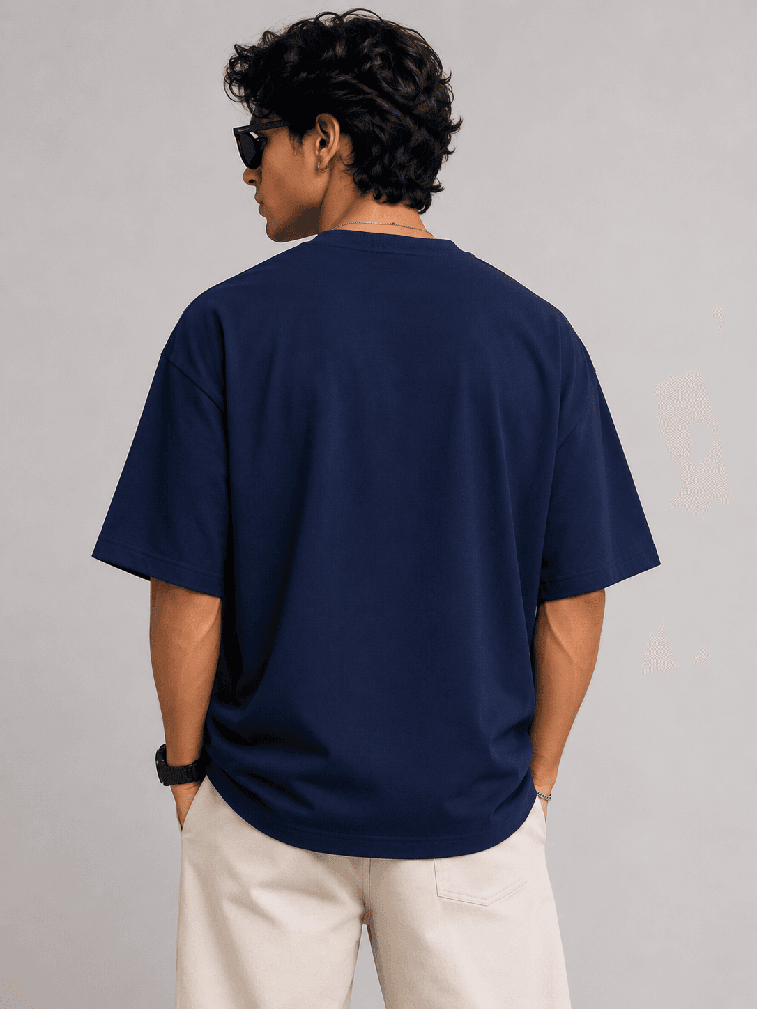 Navy Blue Round Neck Oversized T-Shirt — Back View