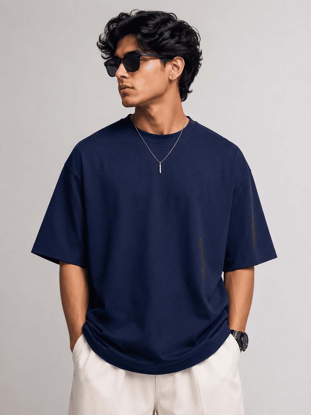 Navy Blue Round Neck Oversized T-Shirt — Front View