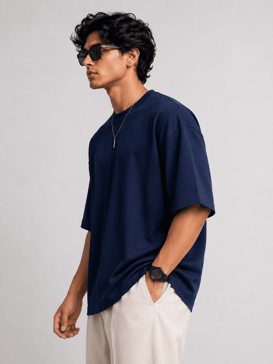Navy Blue Round Neck Oversized T-Shirt — Side View
