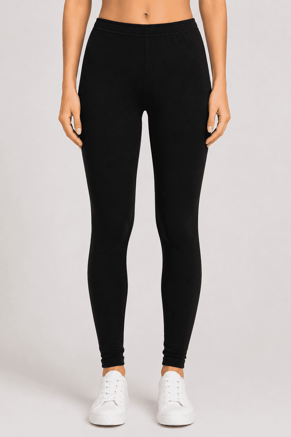 Black Cotton High-Waist Leggings — Front View