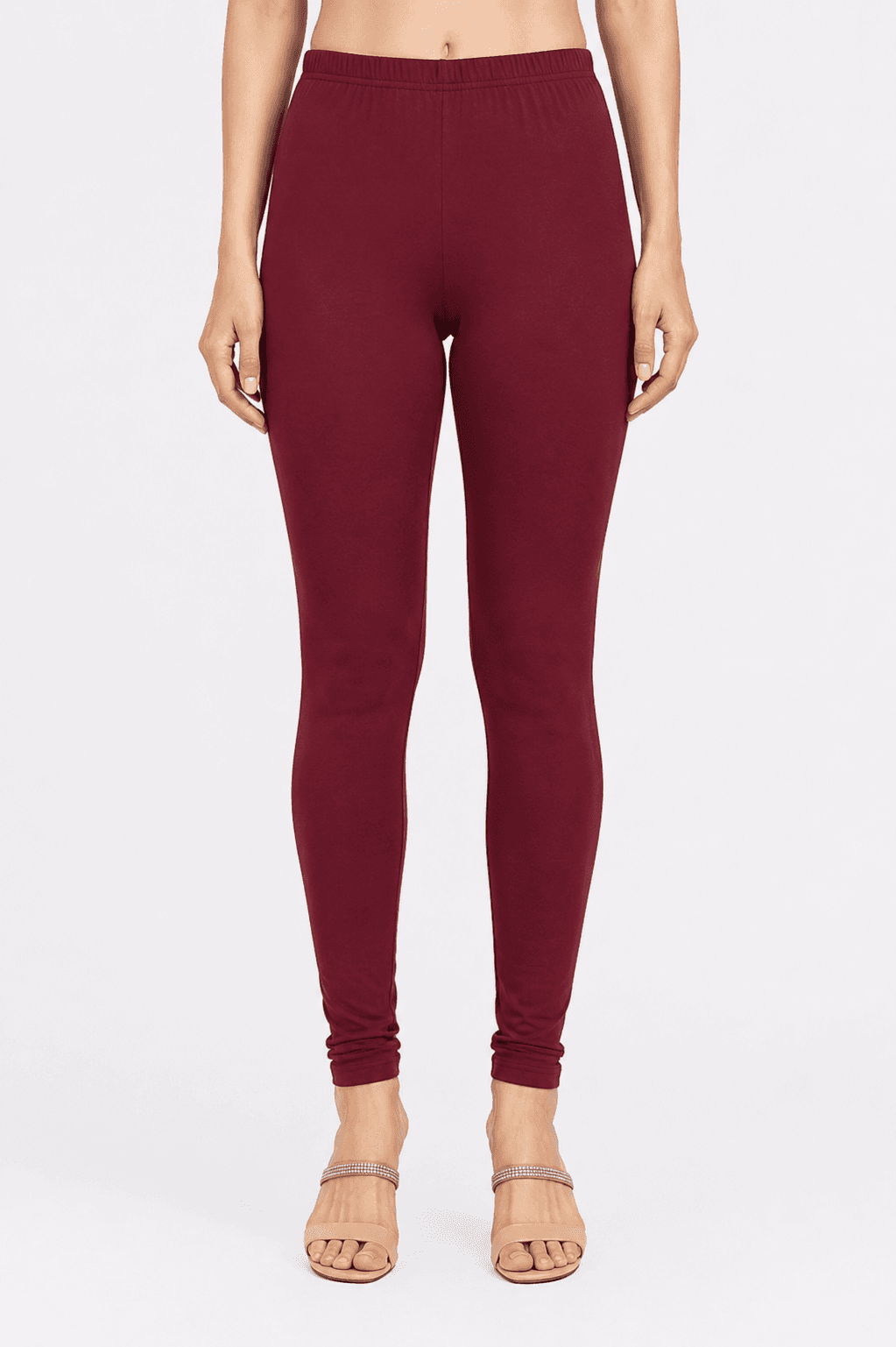 Maroon Cotton High-Waist Leggings — Front View