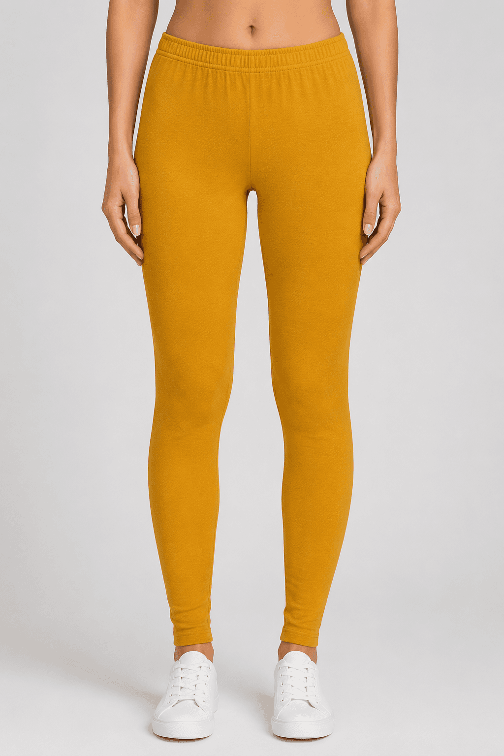 Mustard Yellow Cotton High-Waist Leggings — Front View