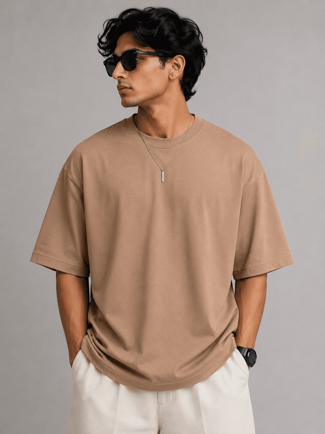Caramel Brown Round Neck Oversized T-Shirt — Front View