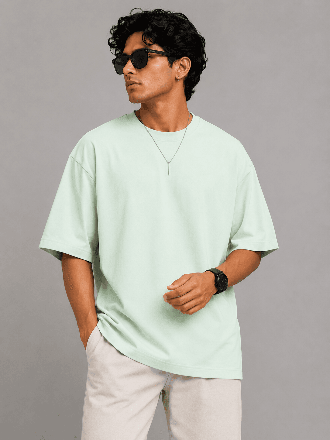 Mint Green Round Neck Oversized T-Shirt — Front View